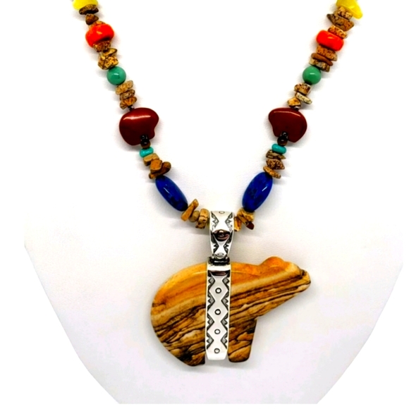 CAROLYN POLLACK .925 Silver Multi Stone W/Jasper Stone Bear Necklace NWOT - Picture 2 of 12